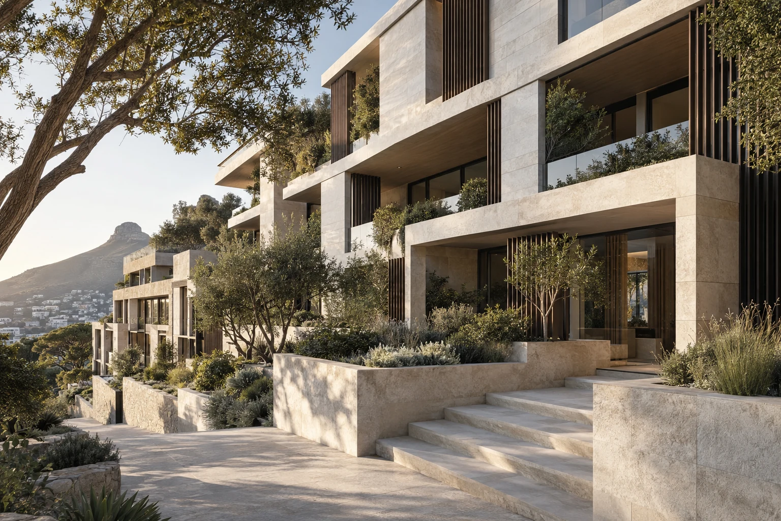 Illustrative limestone residential development with planted terraces and deeply recessed balconies