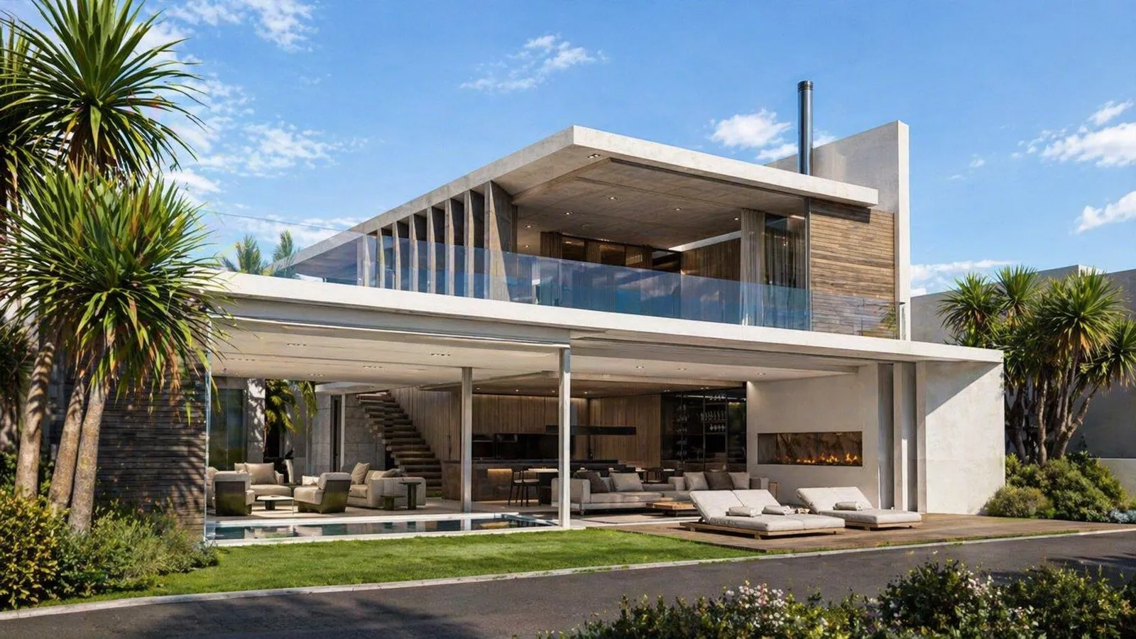 Exterior by day: white pavilion with glass balustrade and palms