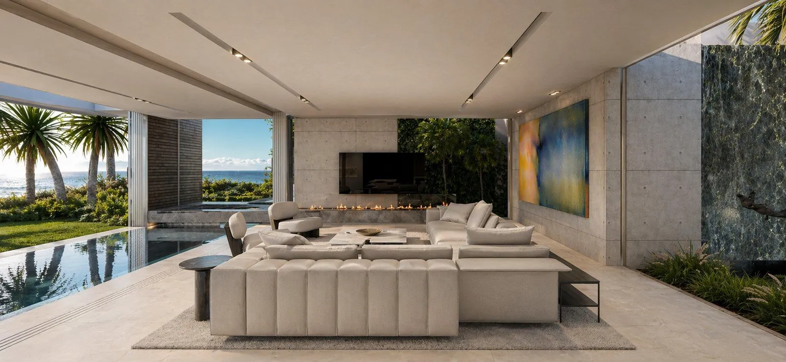 Lounge with linear fireplace and courtyard planting