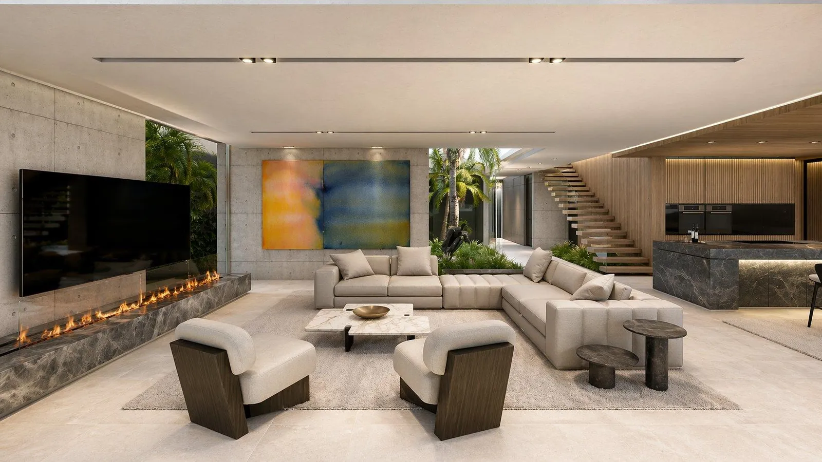 Living room with artwork, fireplace and timber staircase