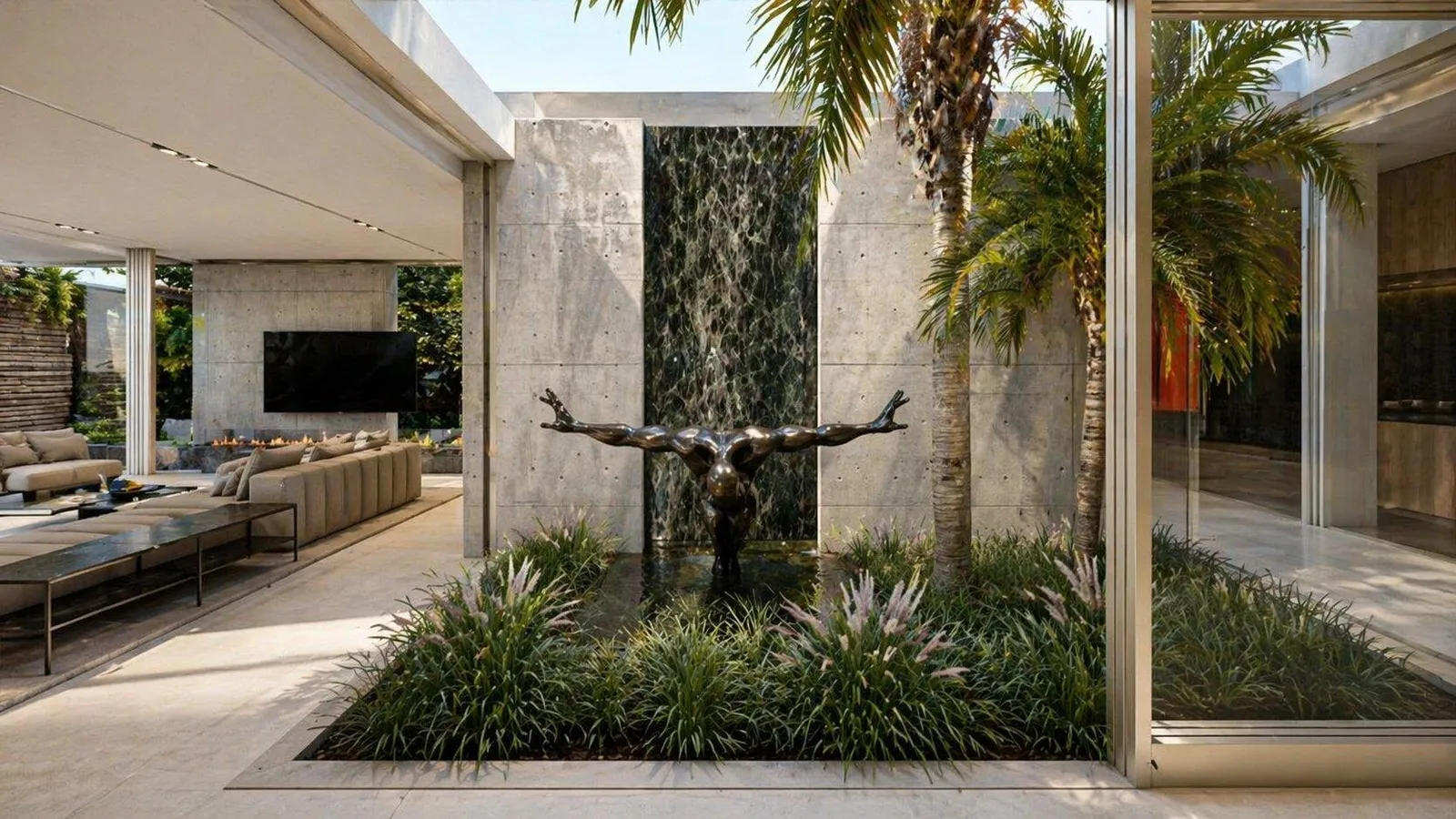 Courtyard garden with sculpture and stone wall