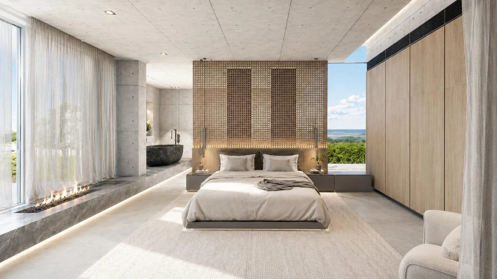 Bedroom with fireplace and sea outlook