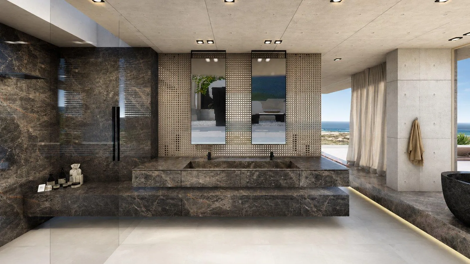 Stone bathroom with double basins and sea view