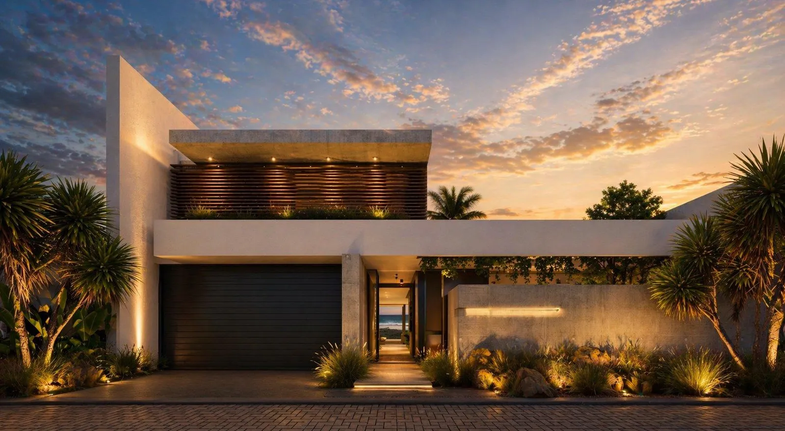 Street frontage at dusk with garage